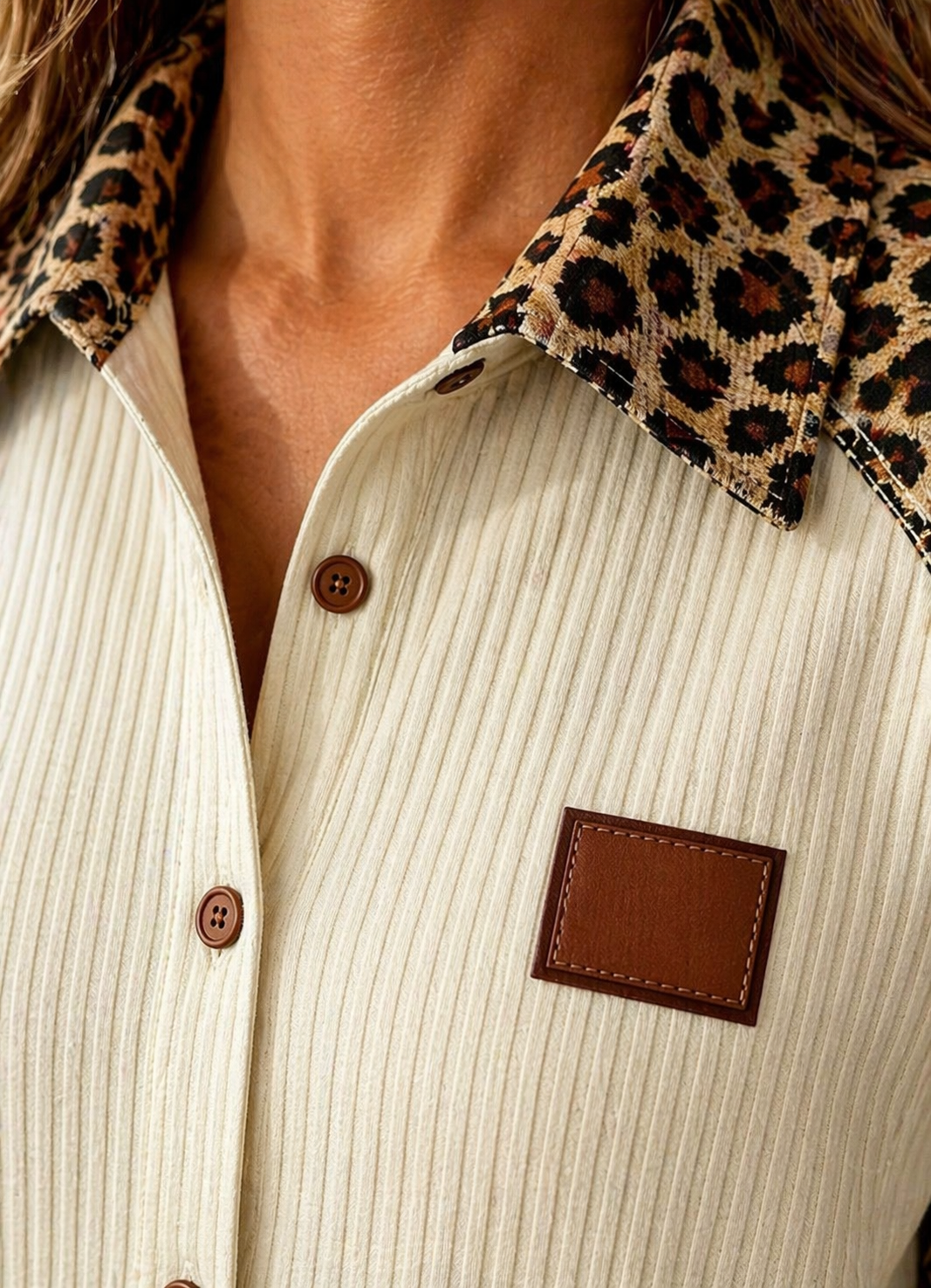 Women Leopard Patchwork Ribbed Shirt Long Sleeve Button Down Casual Loose Fit Blouse Plus Size Ladies Top Kenya Fashion Clothing