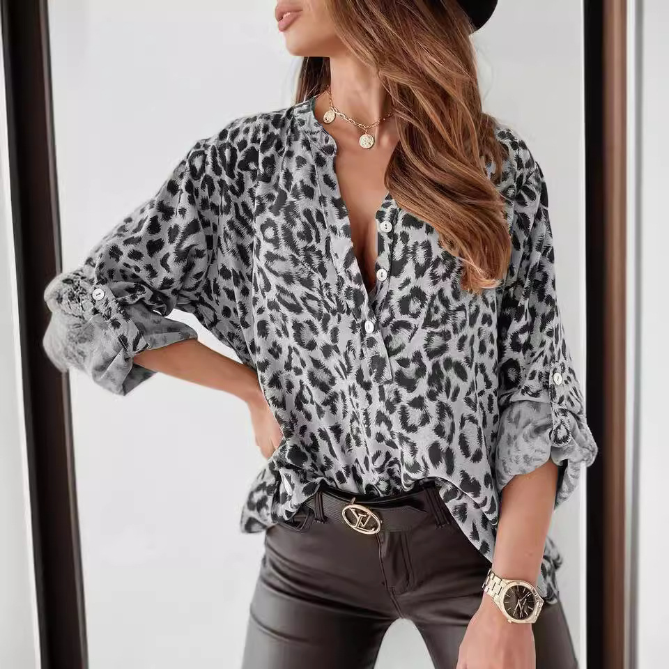 Women Leopard Print V Neck Blouse Long Sleeve Loose Shirt Casual Button Top Fashion Ladies Tops S-3XL Soft Breathable Shirt