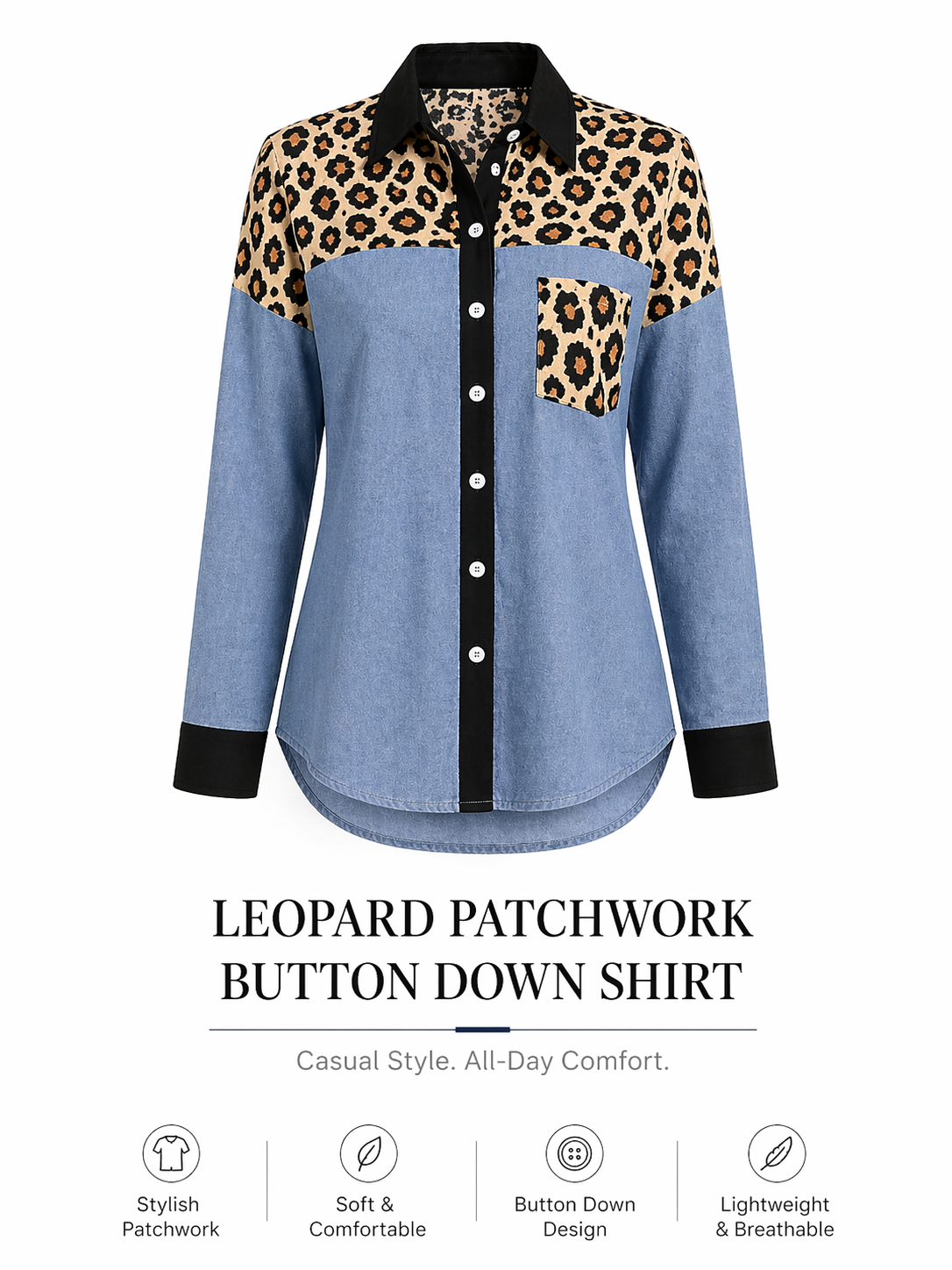 Women Leopard Patchwork Denim Shirt Long Sleeve Button Down Casual Blouse Contrast Collar Loose Fit Ladies Top Kenya Fashion Clothing