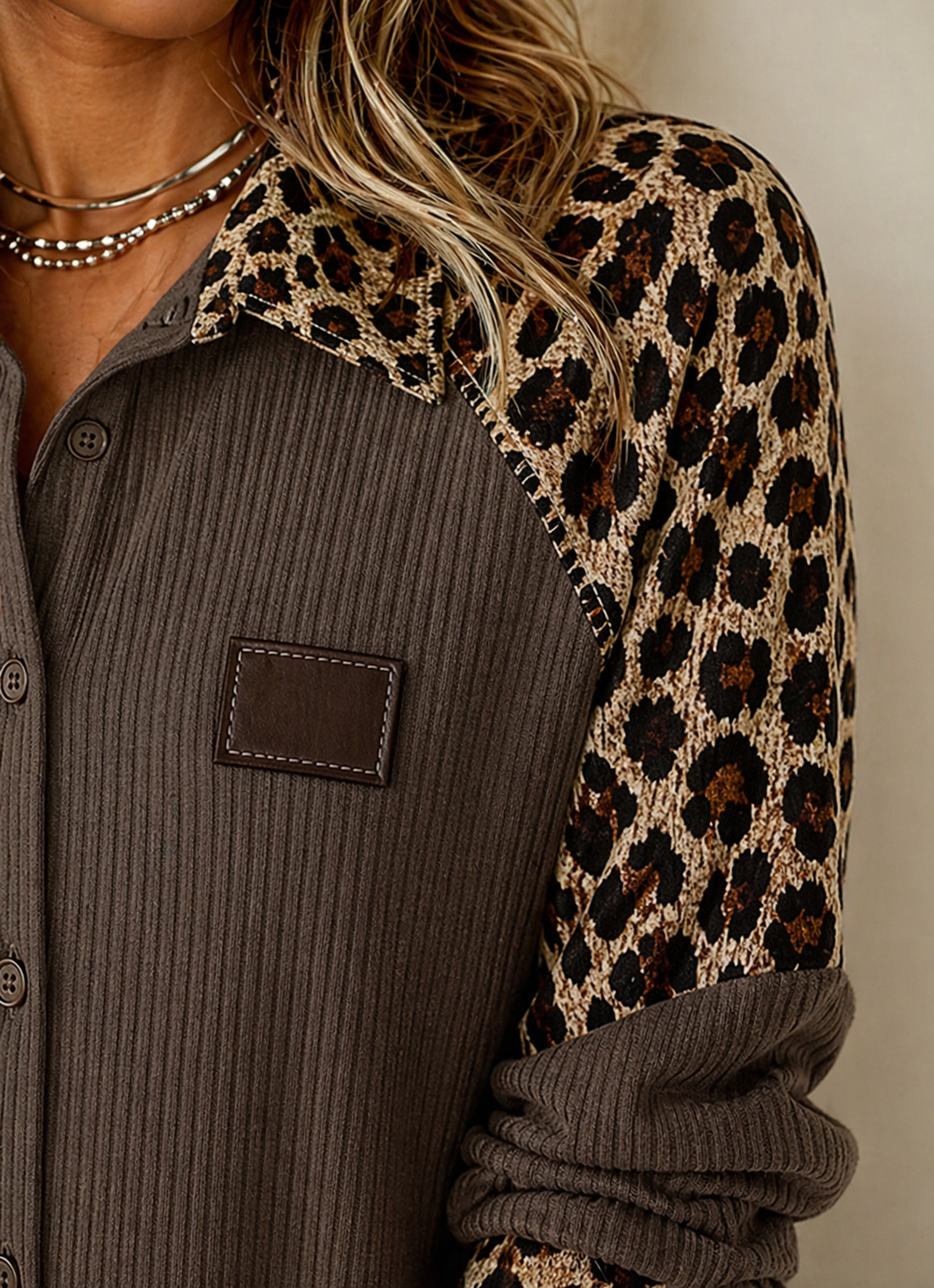 Women Leopard Patchwork Ribbed Shirt Long Sleeve Button Down Casual Loose Fit Blouse Plus Size Ladies Top Kenya Fashion Clothing