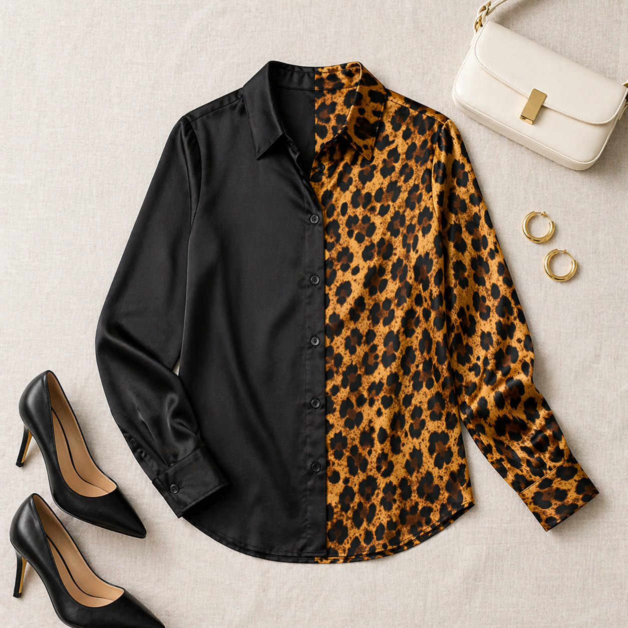 Women Leopard Patchwork Satin Shirt Long Sleeve Button Down Blouse Elegant Office Lady Top Casual Loose Fit Kenya Fashion Clothing