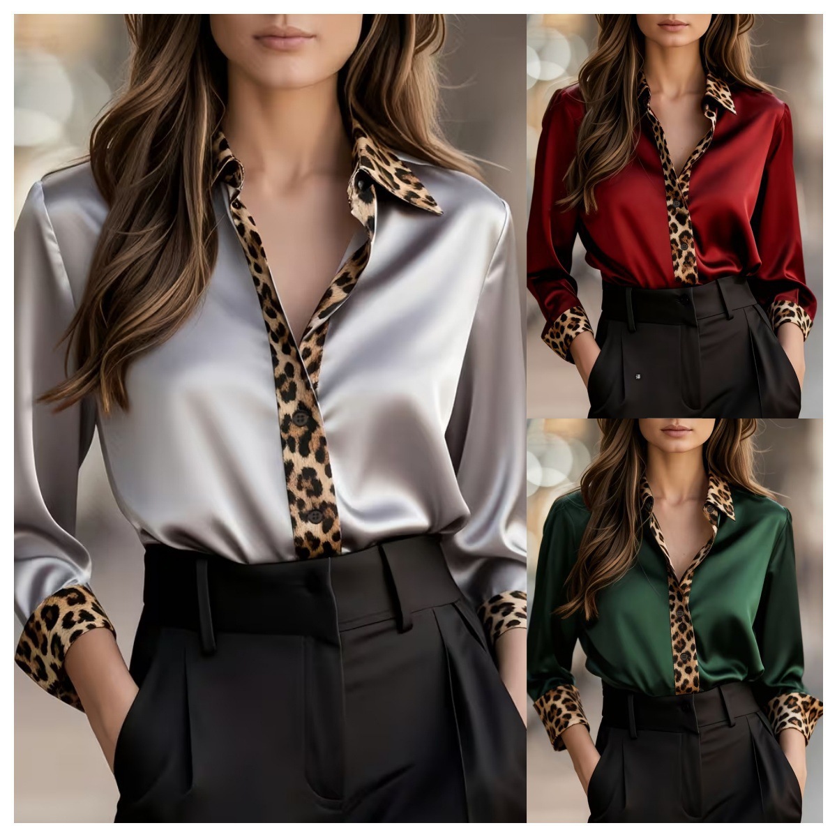 Women Satin Leopard Contrast Shirt Long Sleeve Button Down Silk Blouse Elegant Office Lady Top Loose Fit Kenya Fashion Clothing