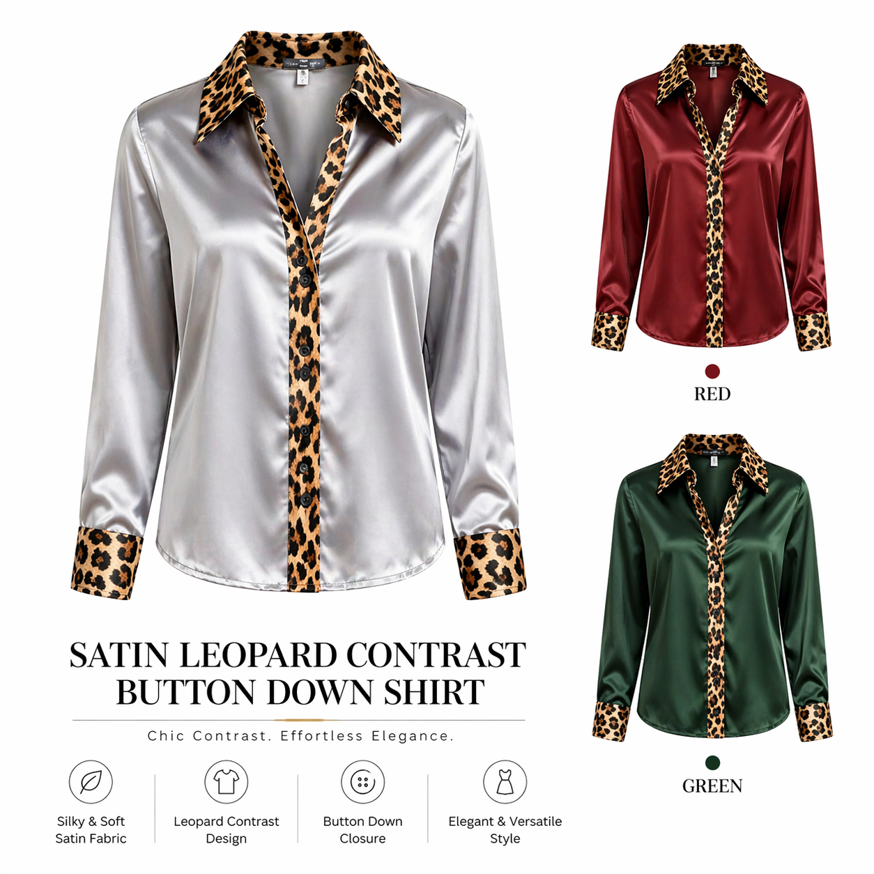 Women Satin Leopard Contrast Shirt Long Sleeve Button Down Silk Blouse Elegant Office Lady Top Loose Fit Kenya Fashion Clothing