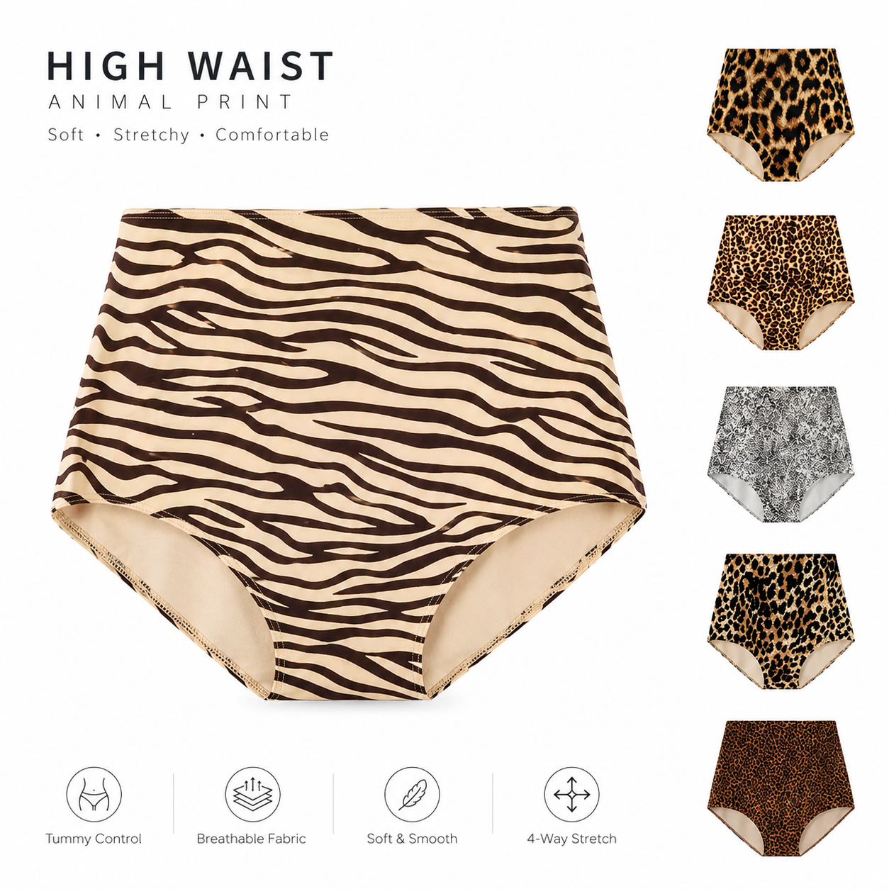 **High Waist Women Panties Seamless Tummy Control Underwear Soft Stretch Breathable No Show Briefs Leopard Zebra Print 1PCS / 3PCS Pack**