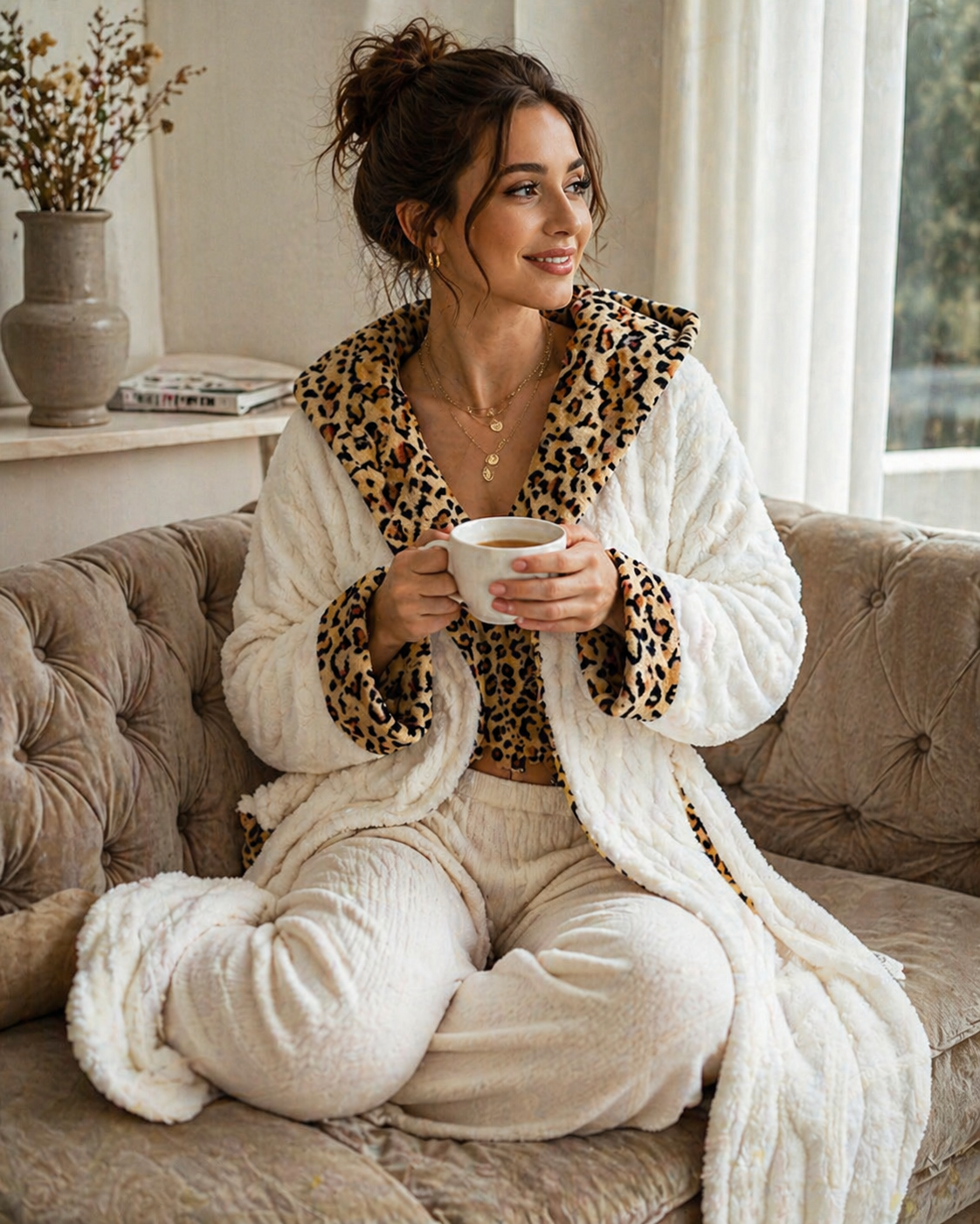 Women Luxury Fleece Bath Robe Hooded Long Soft Warm Leopard Trim Dressing Gown Thick Plush Home Wear Nightwear Ladies Robe