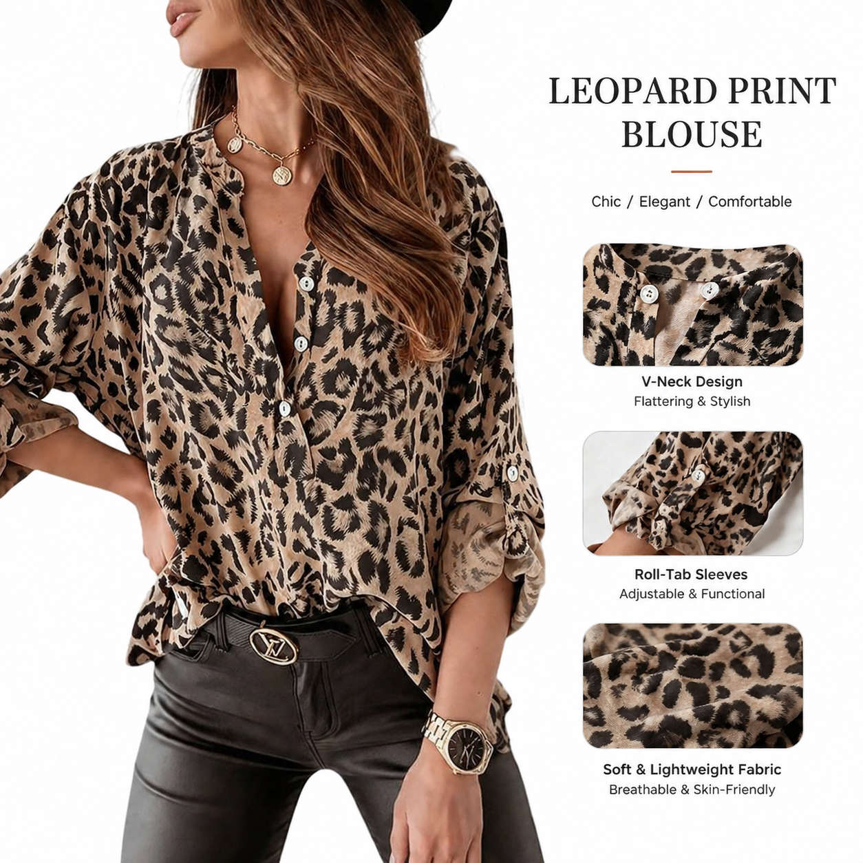 Women Leopard Print V Neck Blouse Long Sleeve Loose Shirt Casual Button Top Fashion Ladies Tops S-3XL Soft Breathable Shirt