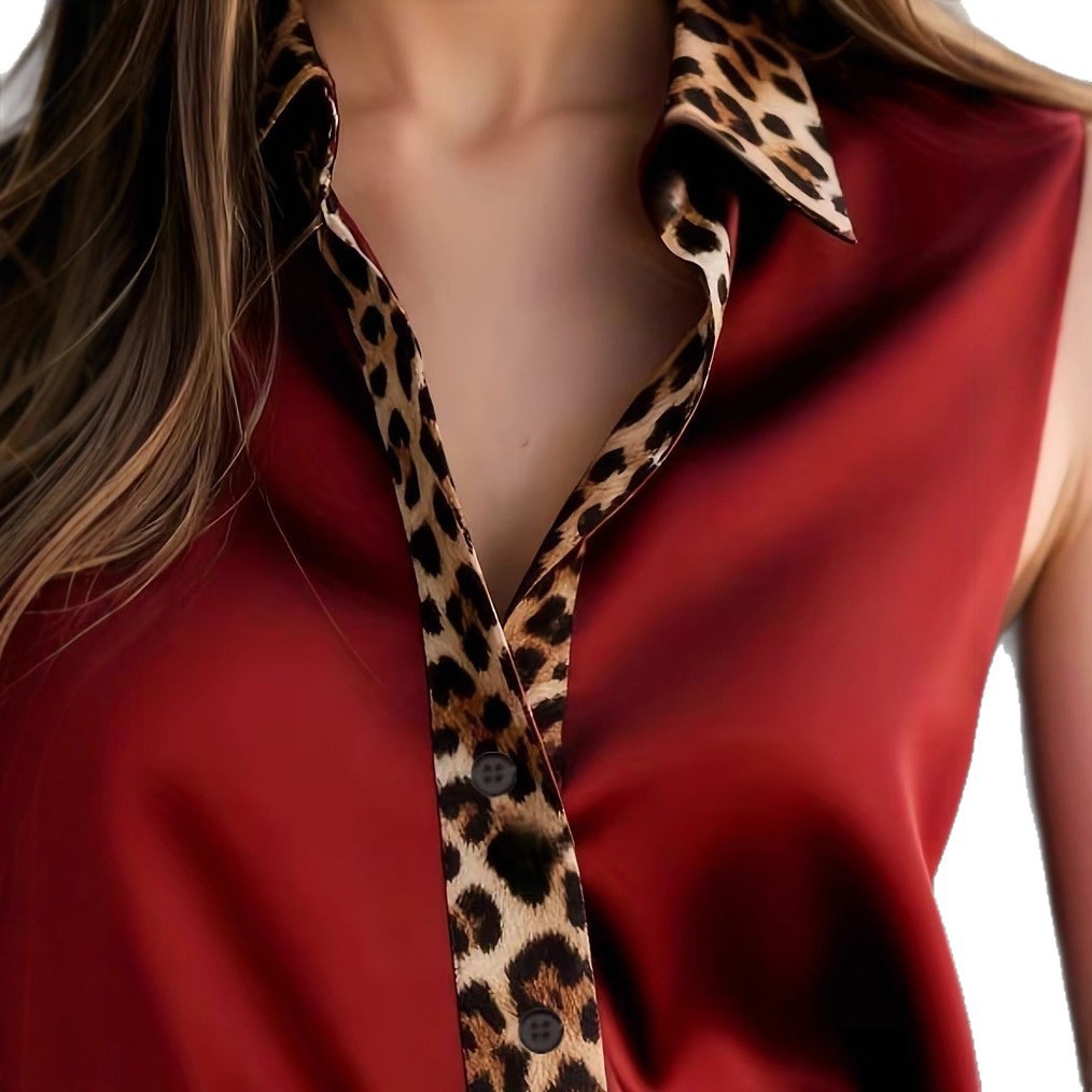 Women Satin Leopard Contrast Shirt Long Sleeve Button Down Silk Blouse Elegant Office Lady Top Loose Fit Kenya Fashion Clothing