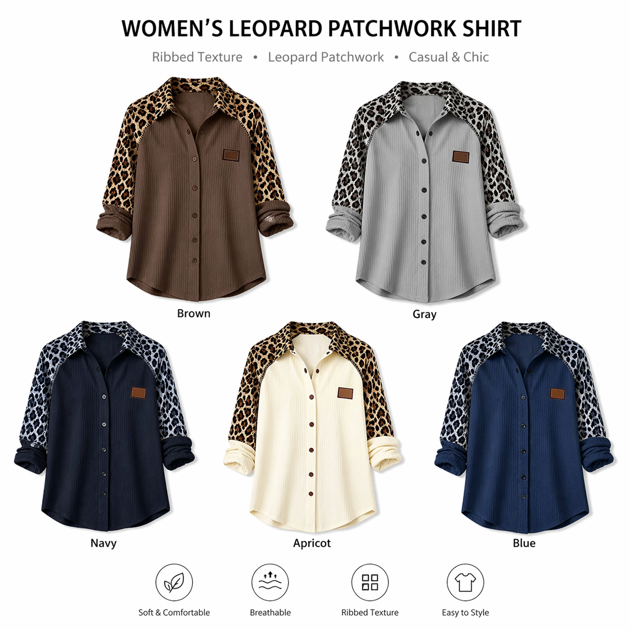 Women Leopard Patchwork Ribbed Shirt Long Sleeve Button Down Casual Loose Fit Blouse Plus Size Ladies Top Kenya Fashion Clothing