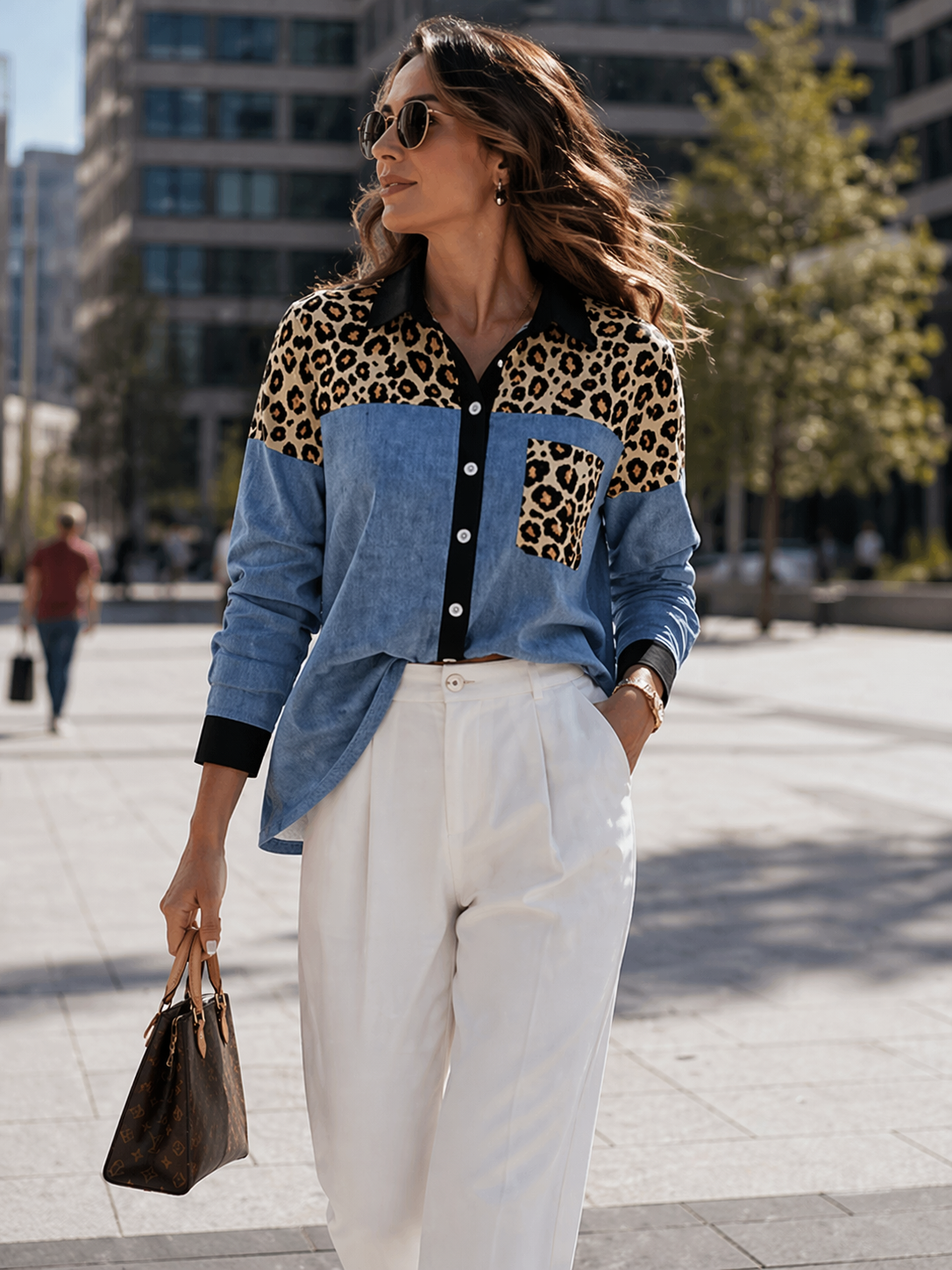 Women Leopard Patchwork Denim Shirt Long Sleeve Button Down Casual Blouse Contrast Collar Loose Fit Ladies Top Kenya Fashion Clothing