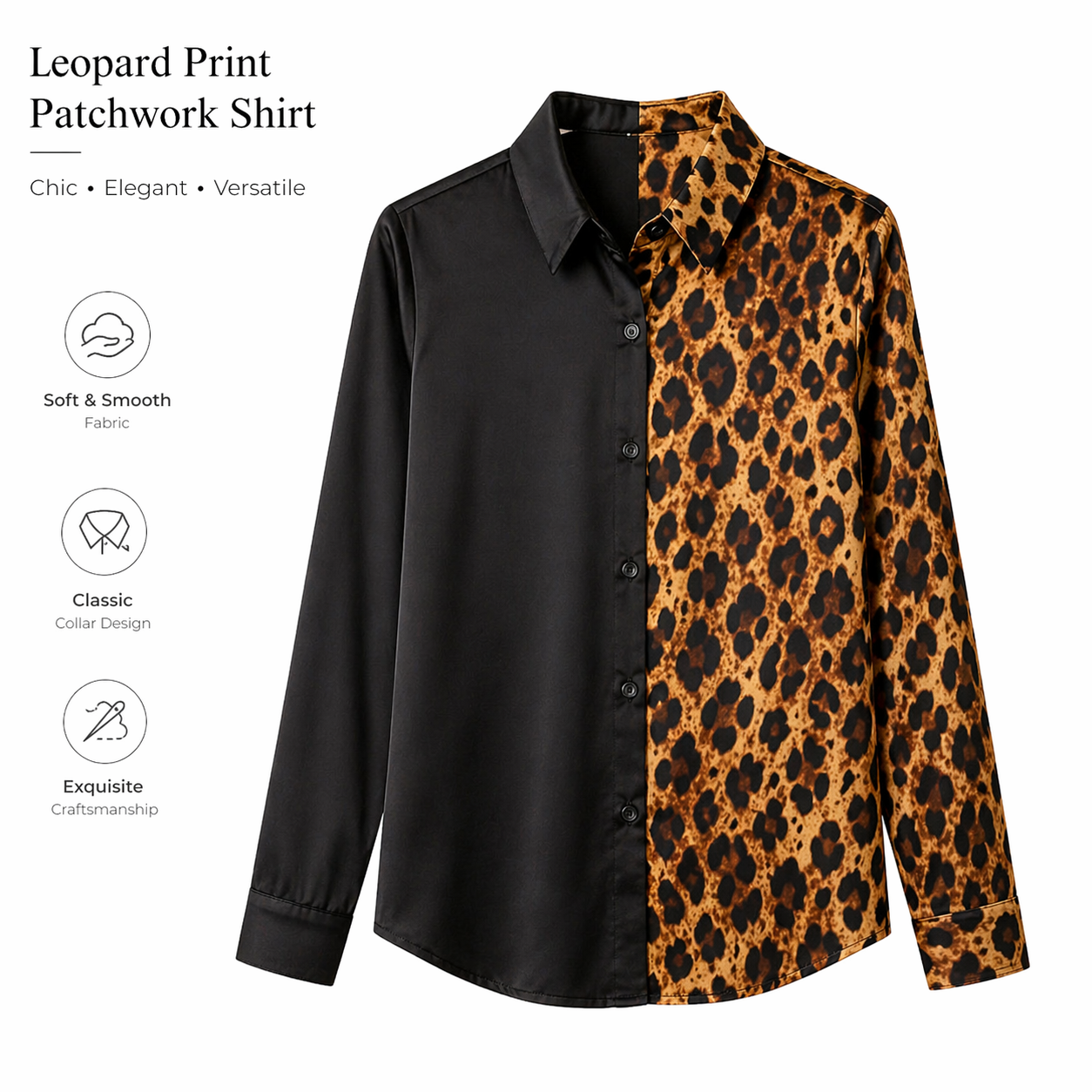 Women Leopard Patchwork Satin Shirt Long Sleeve Button Down Blouse Elegant Office Lady Top Casual Loose Fit Kenya Fashion Clothing