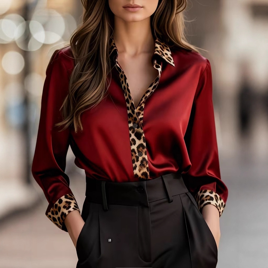Women Satin Leopard Contrast Shirt Long Sleeve Button Down Silk Blouse Elegant Office Lady Top Loose Fit Kenya Fashion Clothing