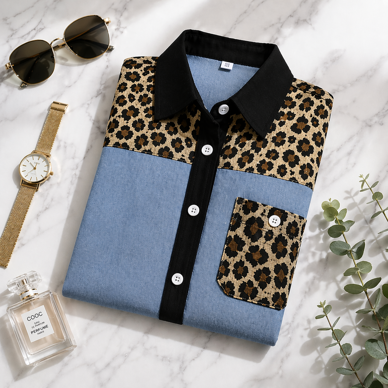 Women Leopard Patchwork Denim Shirt Long Sleeve Button Down Casual Blouse Contrast Collar Loose Fit Ladies Top Kenya Fashion Clothing