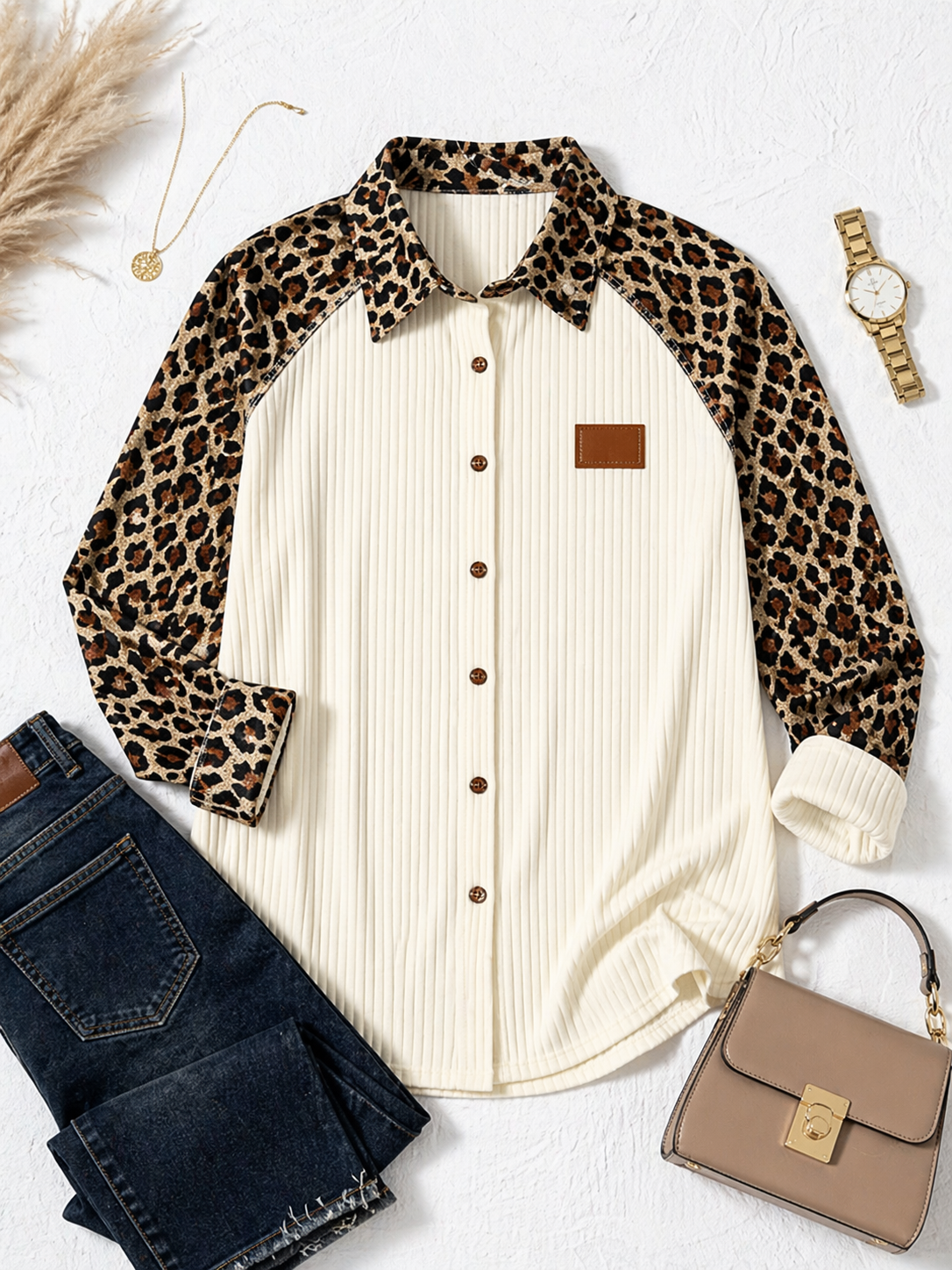 Women Leopard Patchwork Ribbed Shirt Long Sleeve Button Down Casual Loose Fit Blouse Plus Size Ladies Top Kenya Fashion Clothing
