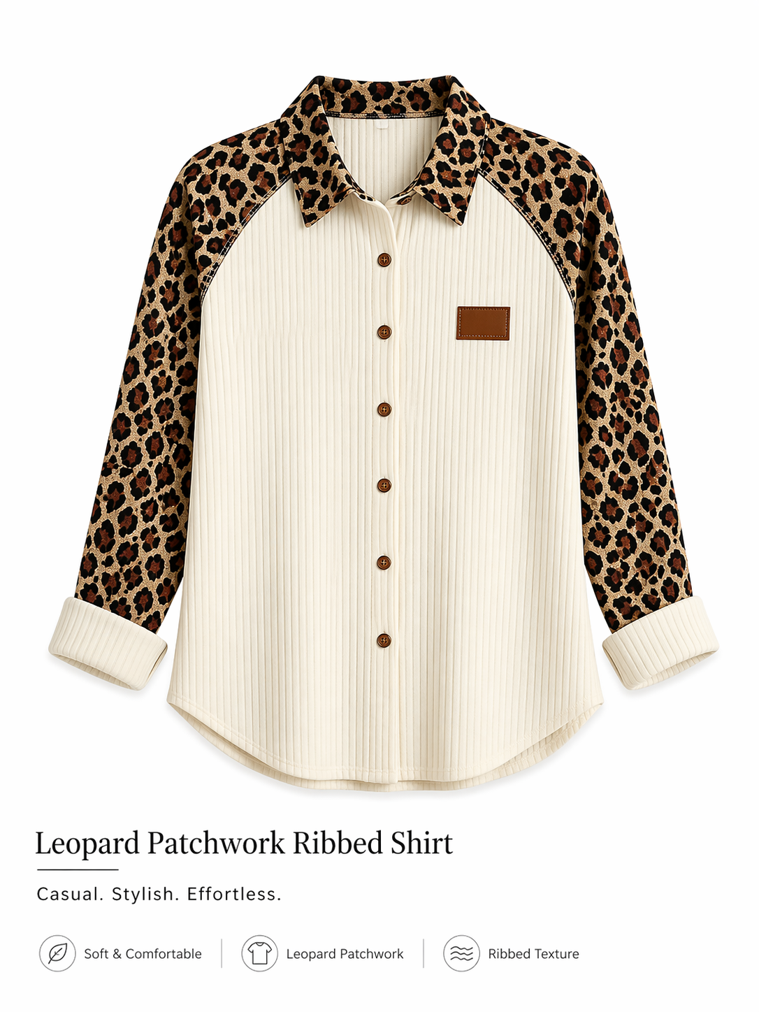 Women Leopard Patchwork Ribbed Shirt Long Sleeve Button Down Casual Loose Fit Blouse Plus Size Ladies Top Kenya Fashion Clothing