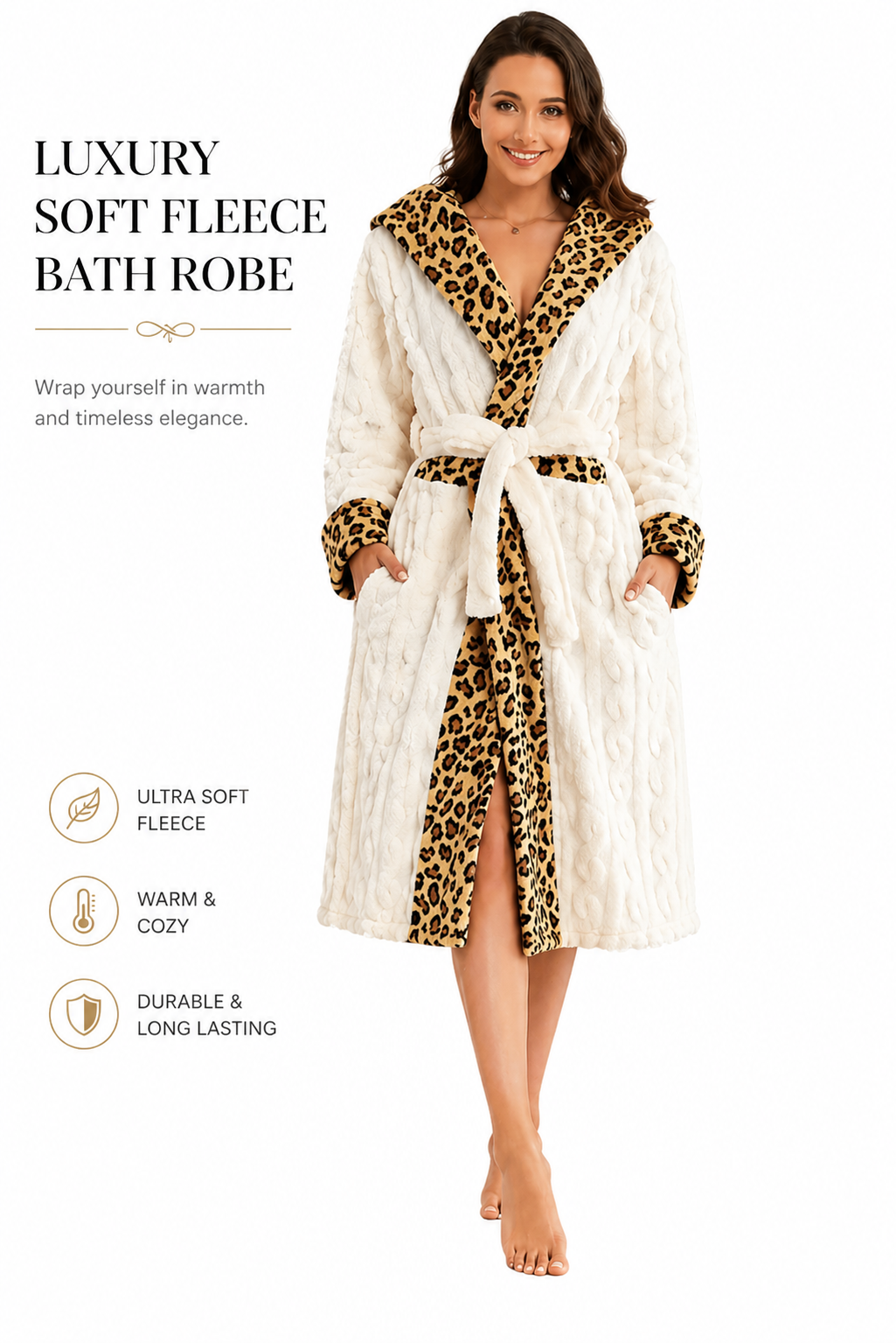Women Luxury Fleece Bath Robe Hooded Long Soft Warm Leopard Trim Dressing Gown Thick Plush Home Wear Nightwear Ladies Robe