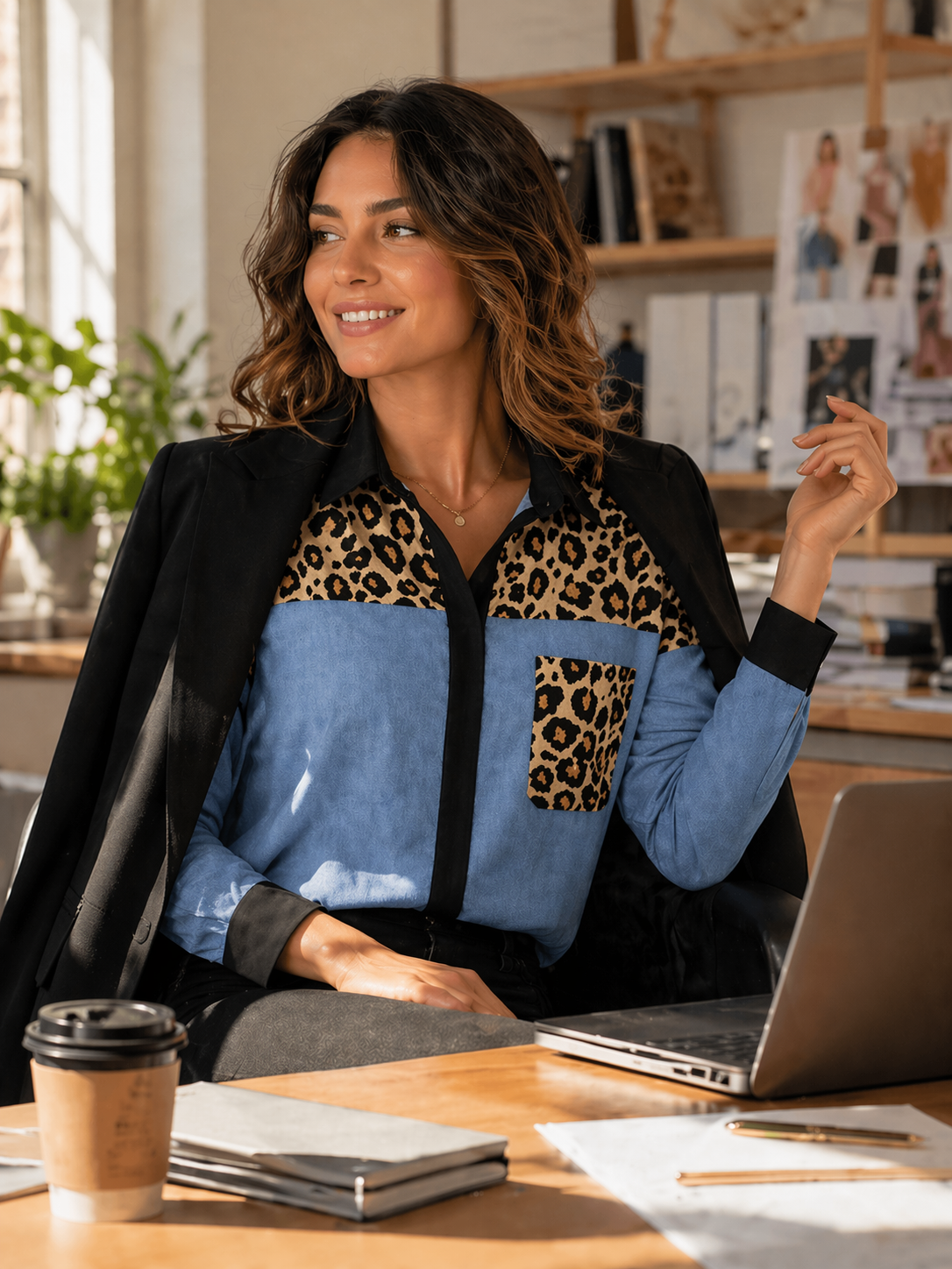 Women Leopard Patchwork Denim Shirt Long Sleeve Button Down Casual Blouse Contrast Collar Loose Fit Ladies Top Kenya Fashion Clothing
