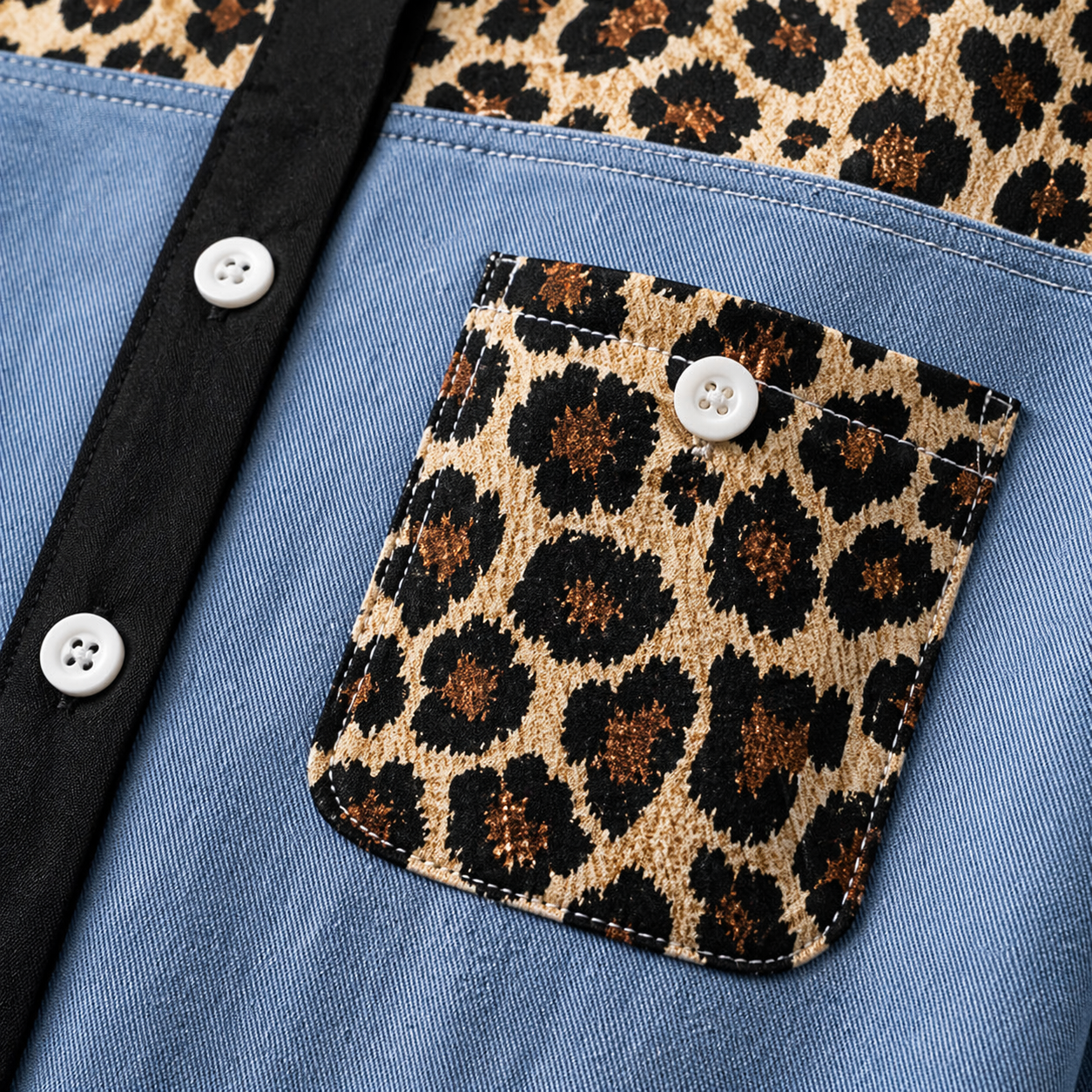 Women Leopard Patchwork Denim Shirt Long Sleeve Button Down Casual Blouse Contrast Collar Loose Fit Ladies Top Kenya Fashion Clothing