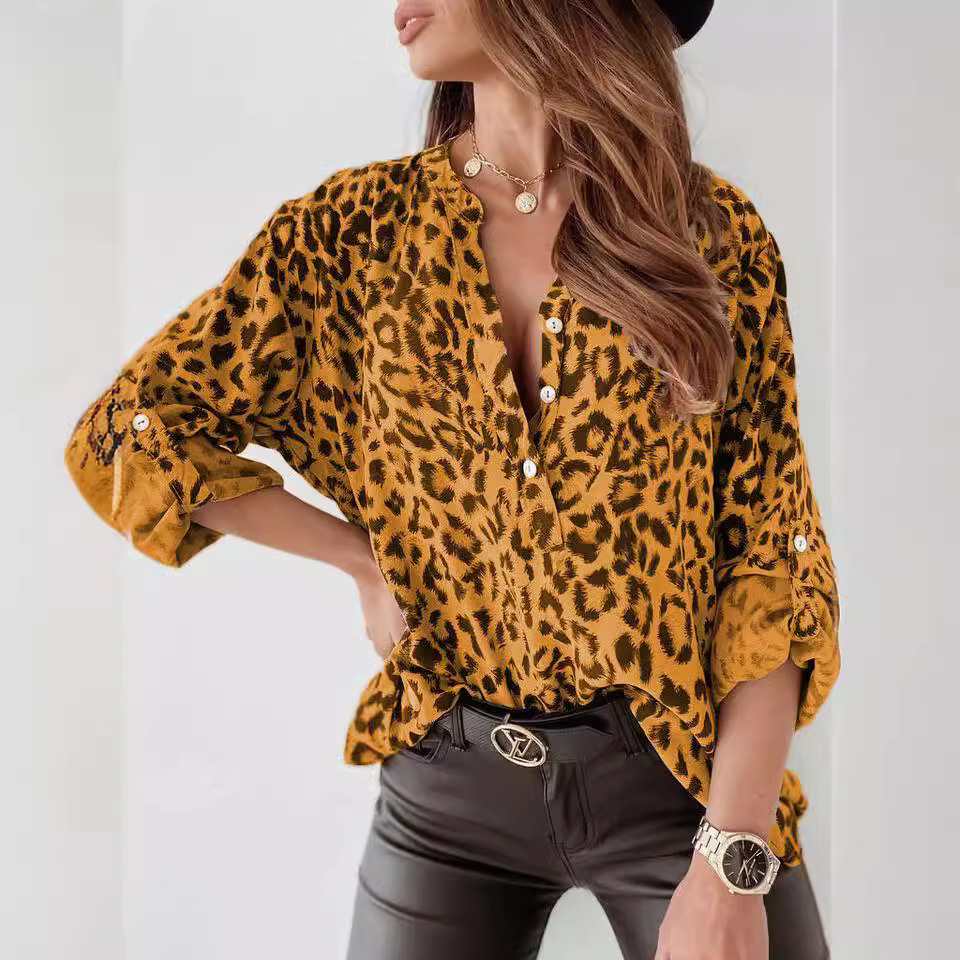Women Leopard Print V Neck Blouse Long Sleeve Loose Shirt Casual Button Top Fashion Ladies Tops S-3XL Soft Breathable Shirt