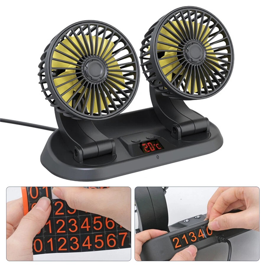 Car dash board/ windshield dual head car fan, electric adjustable 12 Volts DC, 2 Speed 12V Electric Car Cooling Fan 360° Rotatable Dual Heads