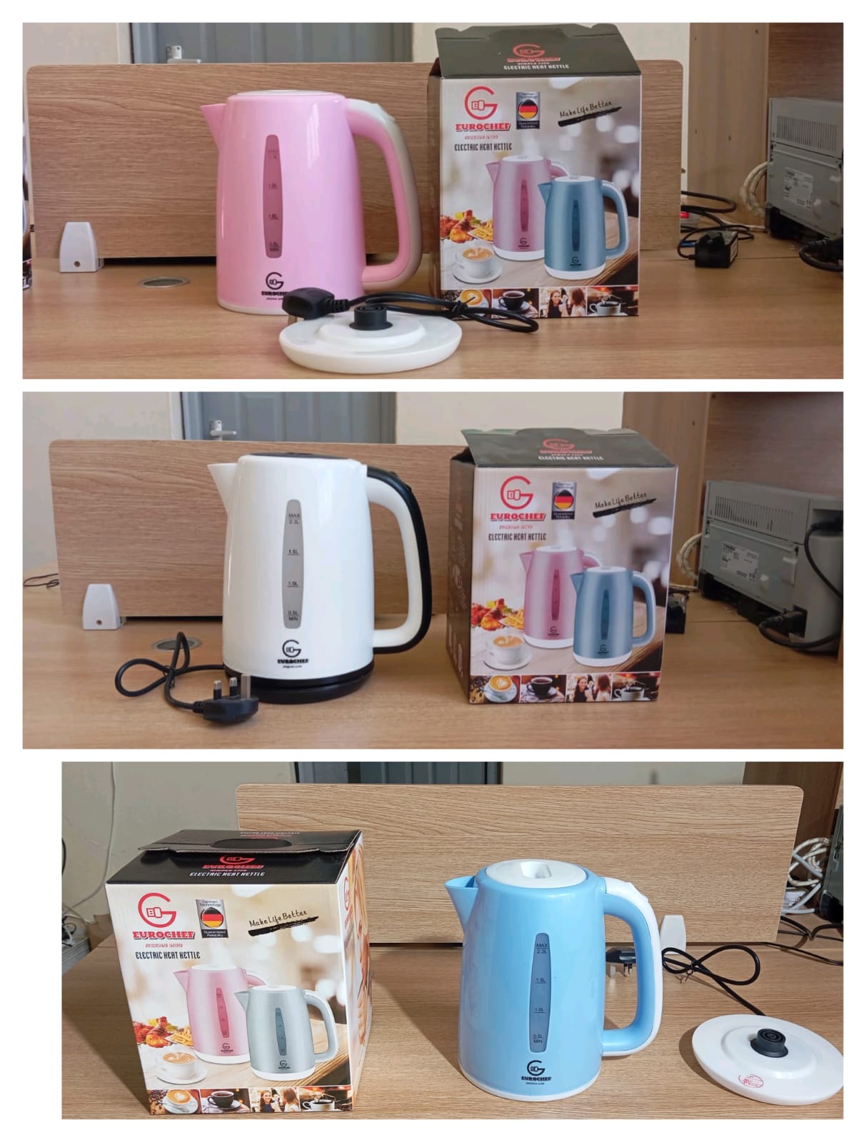 EUROCHEF EC-K06 2.3L Plastic Electric Cordless Kettle Electric Jug for boiling water Kitchen Appliance(1 YR WARRANTY) -PINK BLUE WHITE