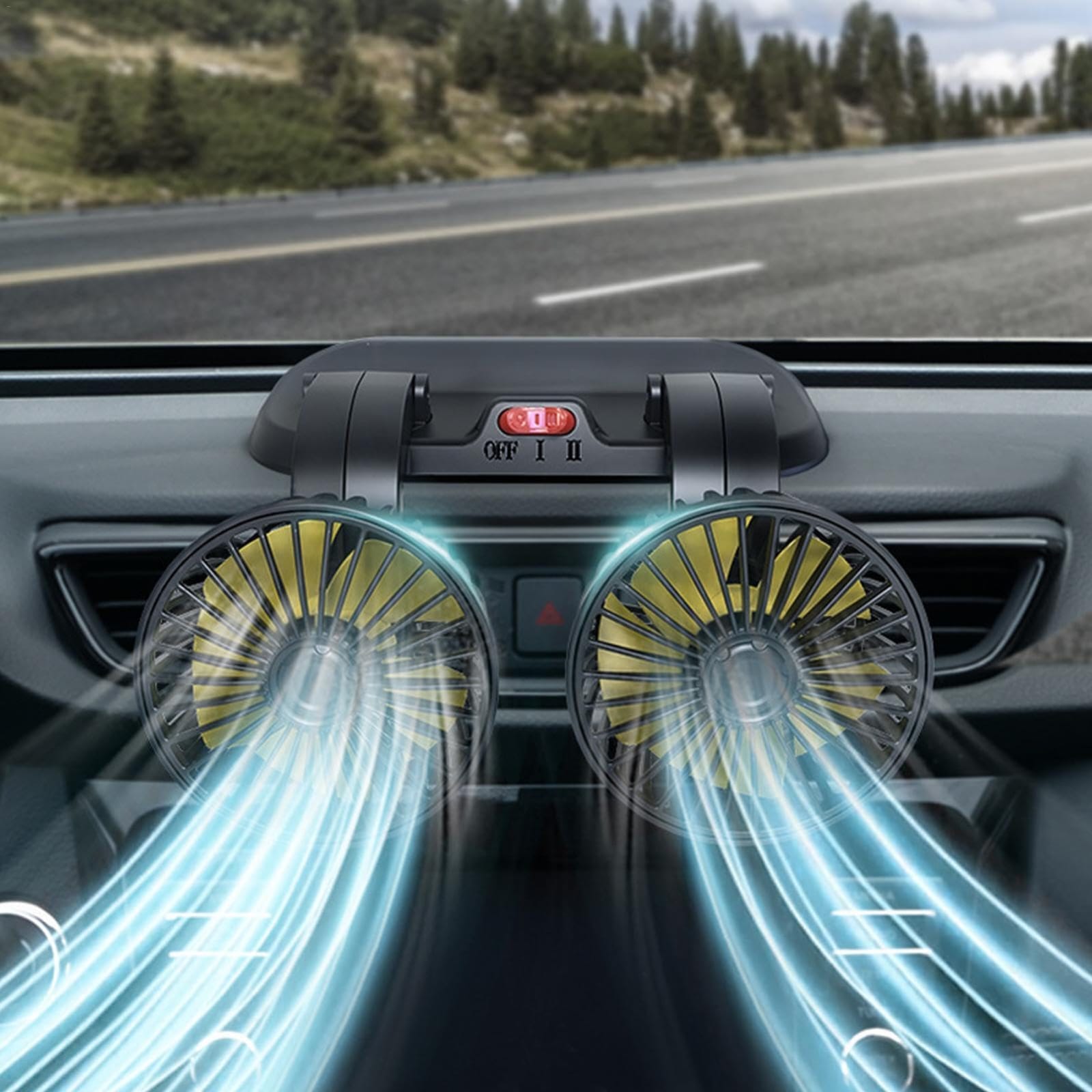 Car dash board/ windshield dual head car fan, electric adjustable 12 Volts DC, 2 Speed 12V Electric Car Cooling Fan 360° Rotatable Dual Heads