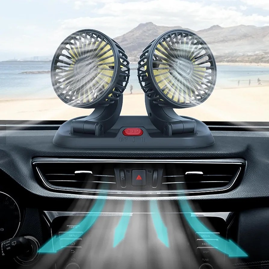 Car dash board/ windshield dual head car fan, electric adjustable 12 Volts DC, 2 Speed 12V Electric Car Cooling Fan 360° Rotatable Dual Heads