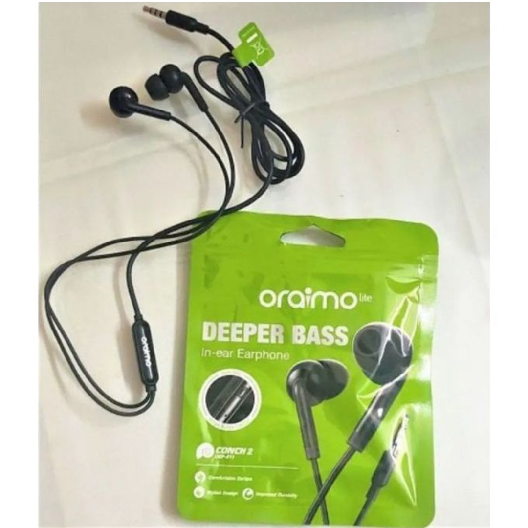 Oraimo Wired Earphones 3.5mm Pure Bass In-Ear Headset Sports Earpods Stereo Music Gaming Headphone with Microphone Comfortable Ear-tips Compatible on Android/IOS Laptop 1.2 meter cord