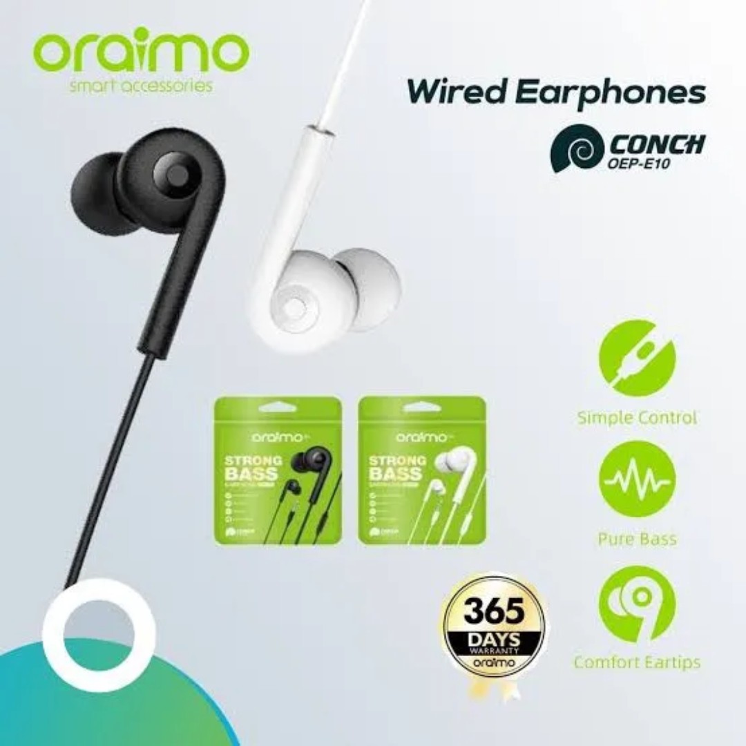 Oraimo Wired Earphones 3.5mm Pure Bass In-Ear Headset Sports Earpods Stereo Music Gaming Headphone with Microphone Comfortable Ear-tips Compatible on Android/IOS Laptop 1.2 meter cord