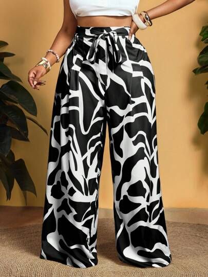 Women’s High Waist Wide Leg Palazzo Pants – Print Drawstring Elastic Waist Loose Casual Trousers African Print Palazzo Pants B Graphic Wide Leg High Waist Trousers for Women