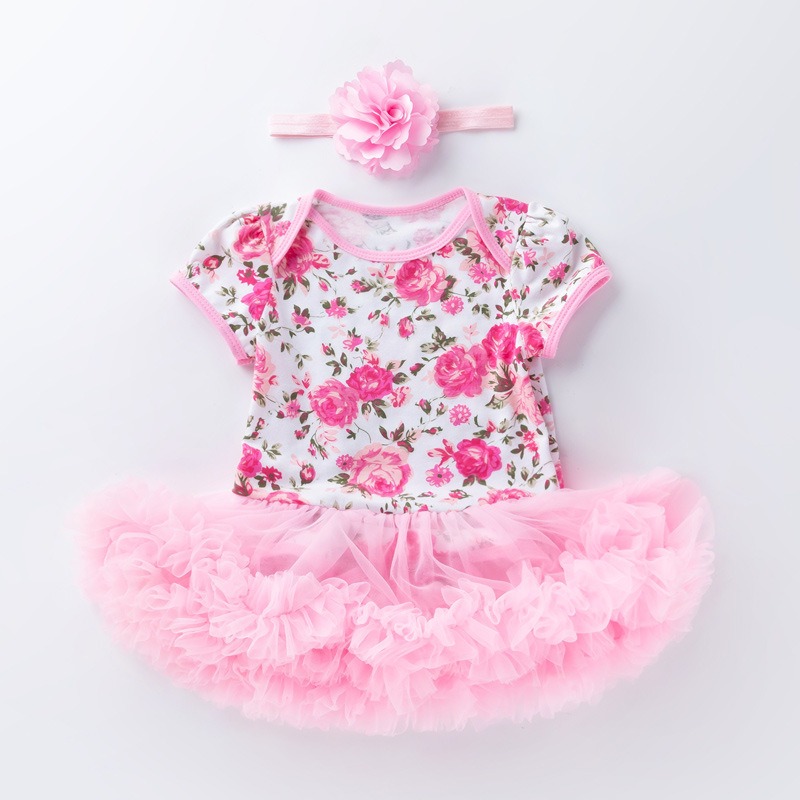 Baby Girl Floral Romper Dress Short Sleeve Princess Bodysuit Tutu Skirt Newborn Birthday Party Outfit with Headband