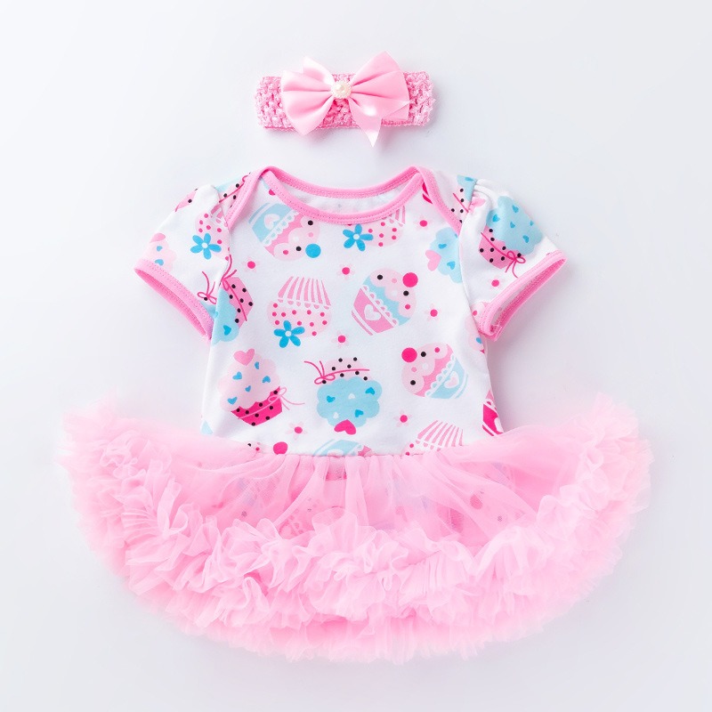 Baby Girl Floral Romper Dress Short Sleeve Princess Bodysuit Tutu Skirt Newborn Birthday Party Outfit with Headband