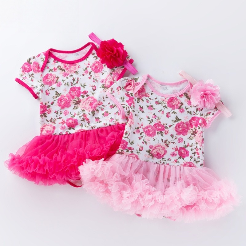 Baby Girl Floral Romper Dress Short Sleeve Princess Bodysuit Tutu Skirt Newborn Birthday Party Outfit with Headband