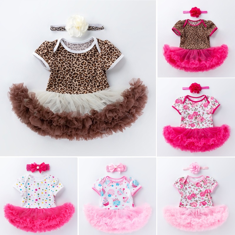 Baby Girl Floral Romper Dress Short Sleeve Princess Bodysuit Tutu Skirt Newborn Birthday Party Outfit with Headband