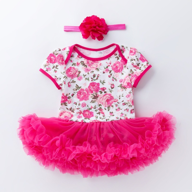 Baby Girl Floral Romper Dress Short Sleeve Princess Bodysuit Tutu Skirt Newborn Birthday Party Outfit with Headband