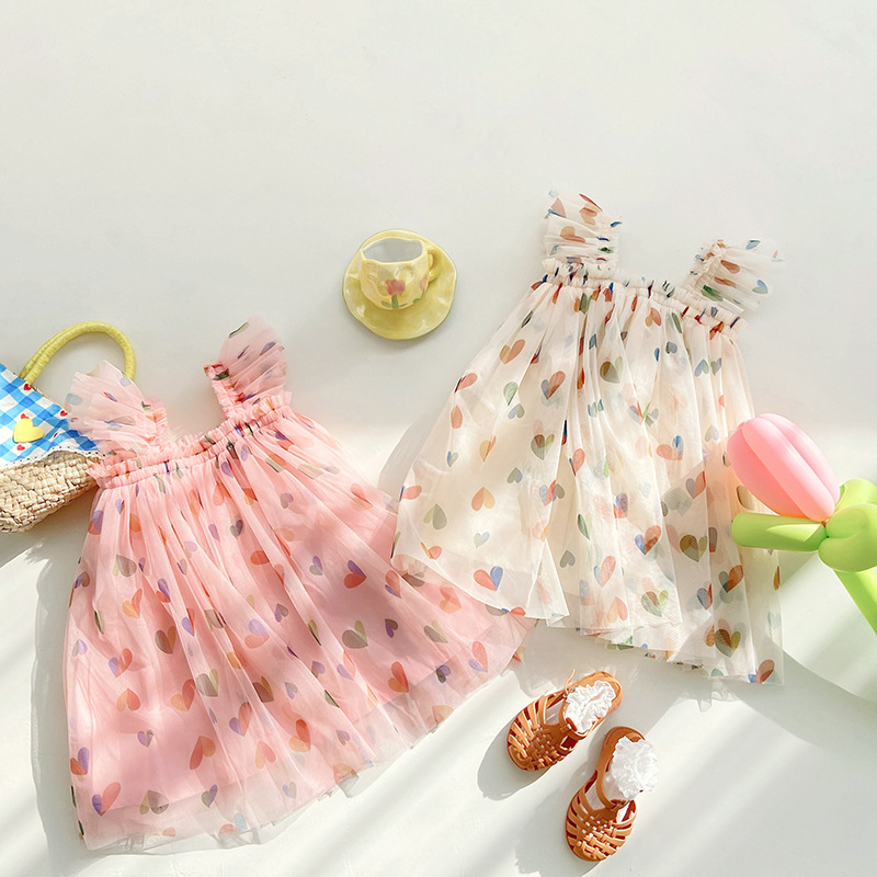 Girls Heart Print Princess Dress Summer Mesh Tutu Dress for Baby Girls Sleeveless Puffy Party Dress Casual Outfit