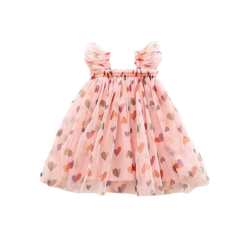 Girls Heart Print Princess Dress Summer Mesh Tutu Dress for Baby Girls Sleeveless Puffy Party Dress Casual Outfit