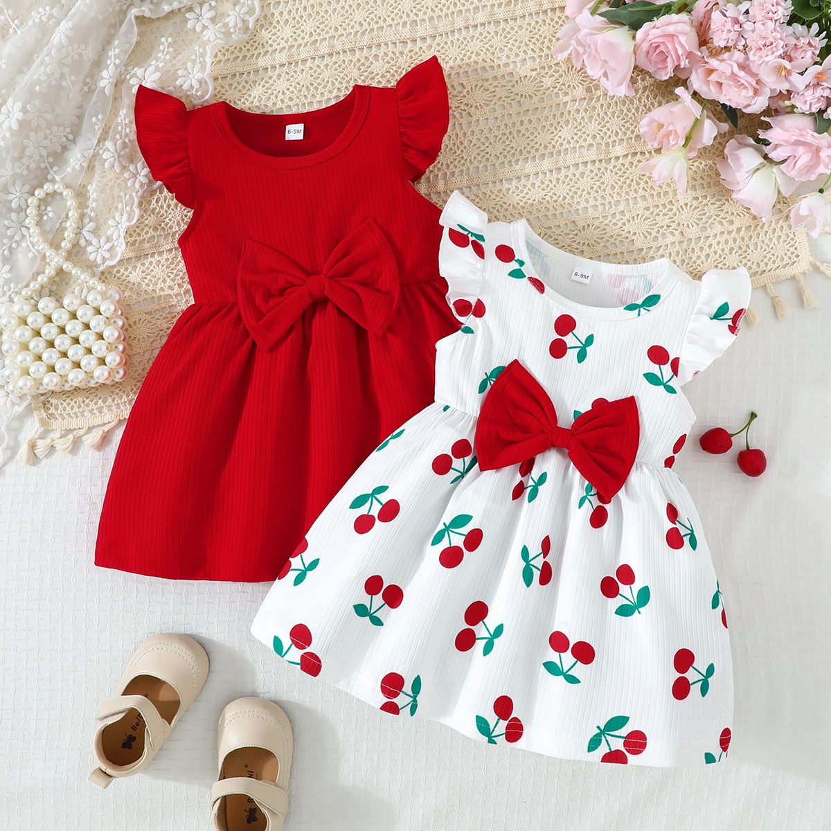 Cute Baby Girls 2-in-1 Dress Pack - Summer Ribbed Bow Dress + Floral/Print Ruffle Sleeve Dresses, Kids Party & Daily Wear