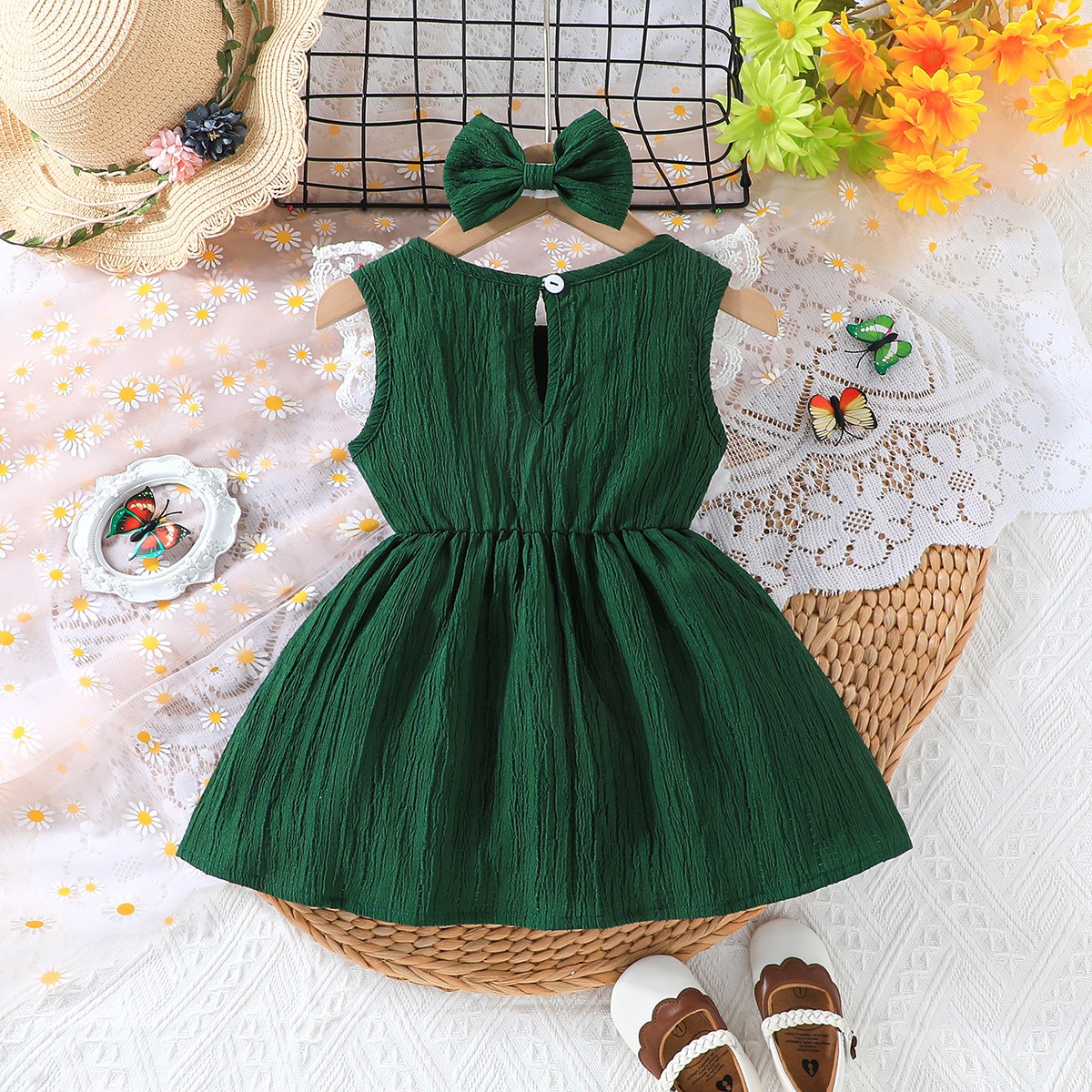 Baby Girl Summer Dress + Bow Headband Set, Round Neck Sleeveless Solid Color Lace Trim Kids Princess Dress, Casual Party Outfit for Toddler Girls