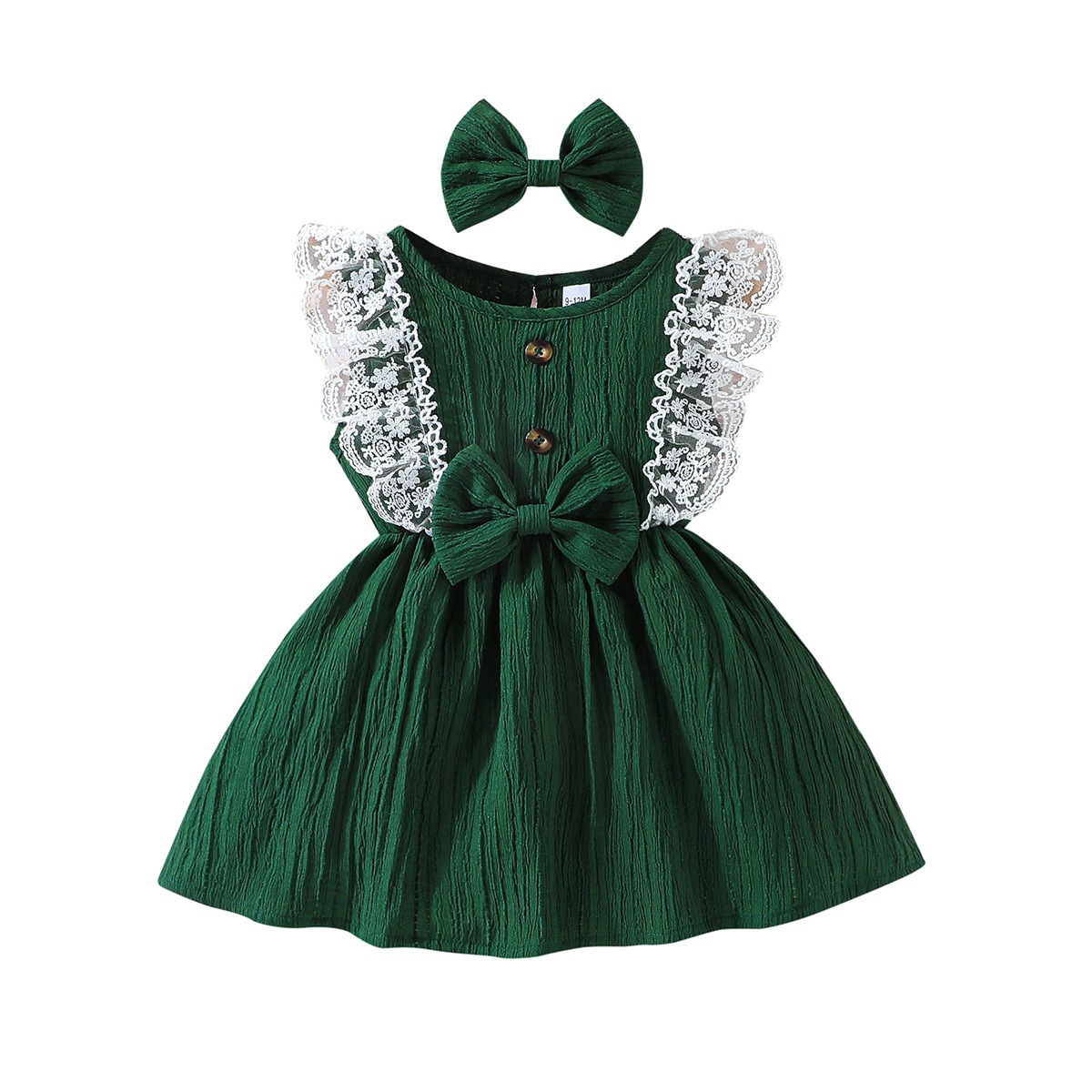Baby Girl Summer Dress + Bow Headband Set, Round Neck Sleeveless Solid Color Lace Trim Kids Princess Dress, Casual Party Outfit for Toddler Girls