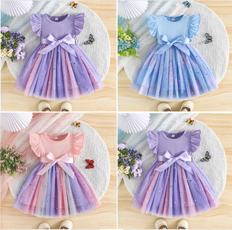 Baby Girl Summer Princess Dress with Star Sequins Tulle Skirt, Round Neck Ruffle Sleeve Elegant Party Dress with Satin Belt, Kids Casual/ Birthday/ Wedding