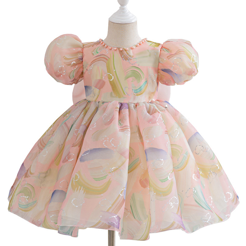 New Summer Toddler Baby Girl Puff Sleeve Bowknot Tulle Tutu Dress Kids Princess Party Dress