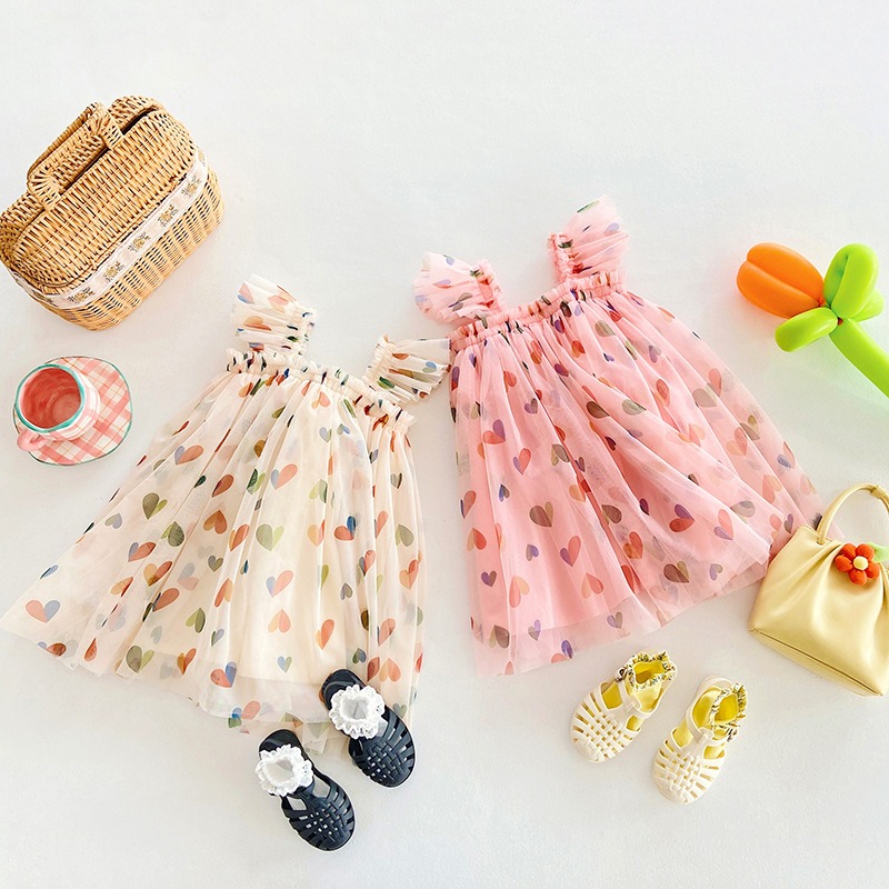 Girls Heart Print Princess Dress Summer Mesh Tutu Dress for Baby Girls Sleeveless Puffy Party Dress Casual Outfit