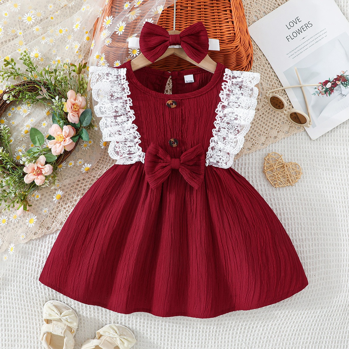 Baby Girl Summer Dress + Bow Headband Set, Round Neck Sleeveless Solid Color Lace Trim Kids Princess Dress, Casual Party Outfit for Toddler Girls