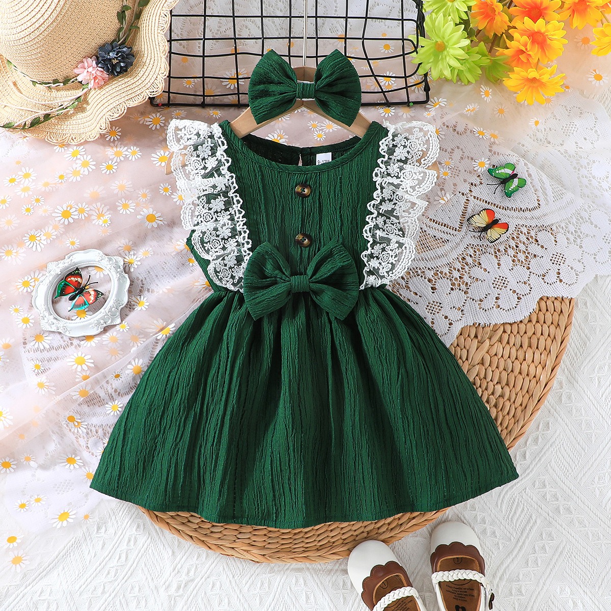 Baby Girl Summer Dress + Bow Headband Set, Round Neck Sleeveless Solid Color Lace Trim Kids Princess Dress, Casual Party Outfit for Toddler Girls