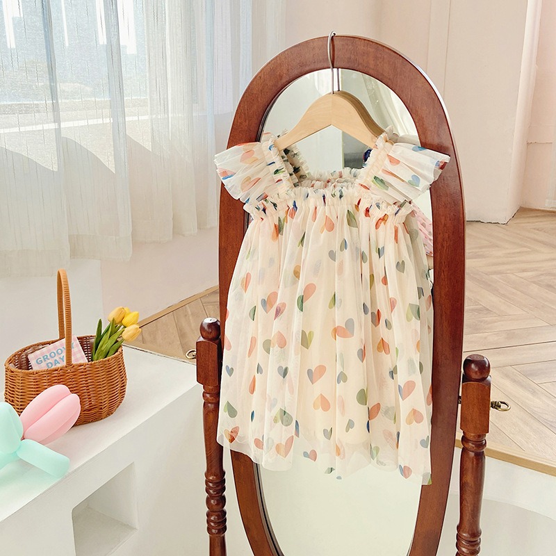 Girls Heart Print Princess Dress Summer Mesh Tutu Dress for Baby Girls Sleeveless Puffy Party Dress Casual Outfit