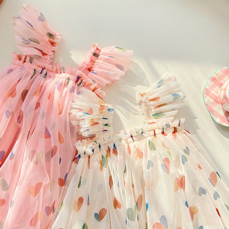 Girls Heart Print Princess Dress Summer Mesh Tutu Dress for Baby Girls Sleeveless Puffy Party Dress Casual Outfit