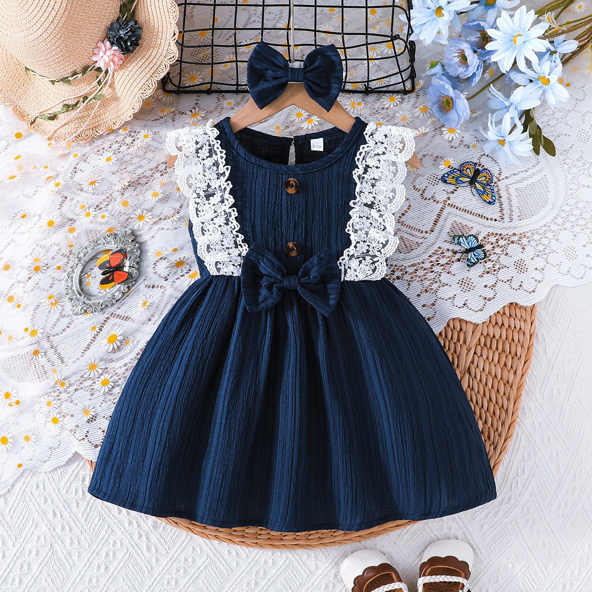 Baby Girl Summer Dress + Bow Headband Set, Round Neck Sleeveless Solid Color Lace Trim Kids Princess Dress, Casual Party Outfit for Toddler Girls