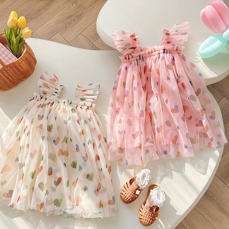Girls Heart Print Princess Dress Summer Mesh Tutu Dress for Baby Girls Sleeveless Puffy Party Dress Casual Outfit