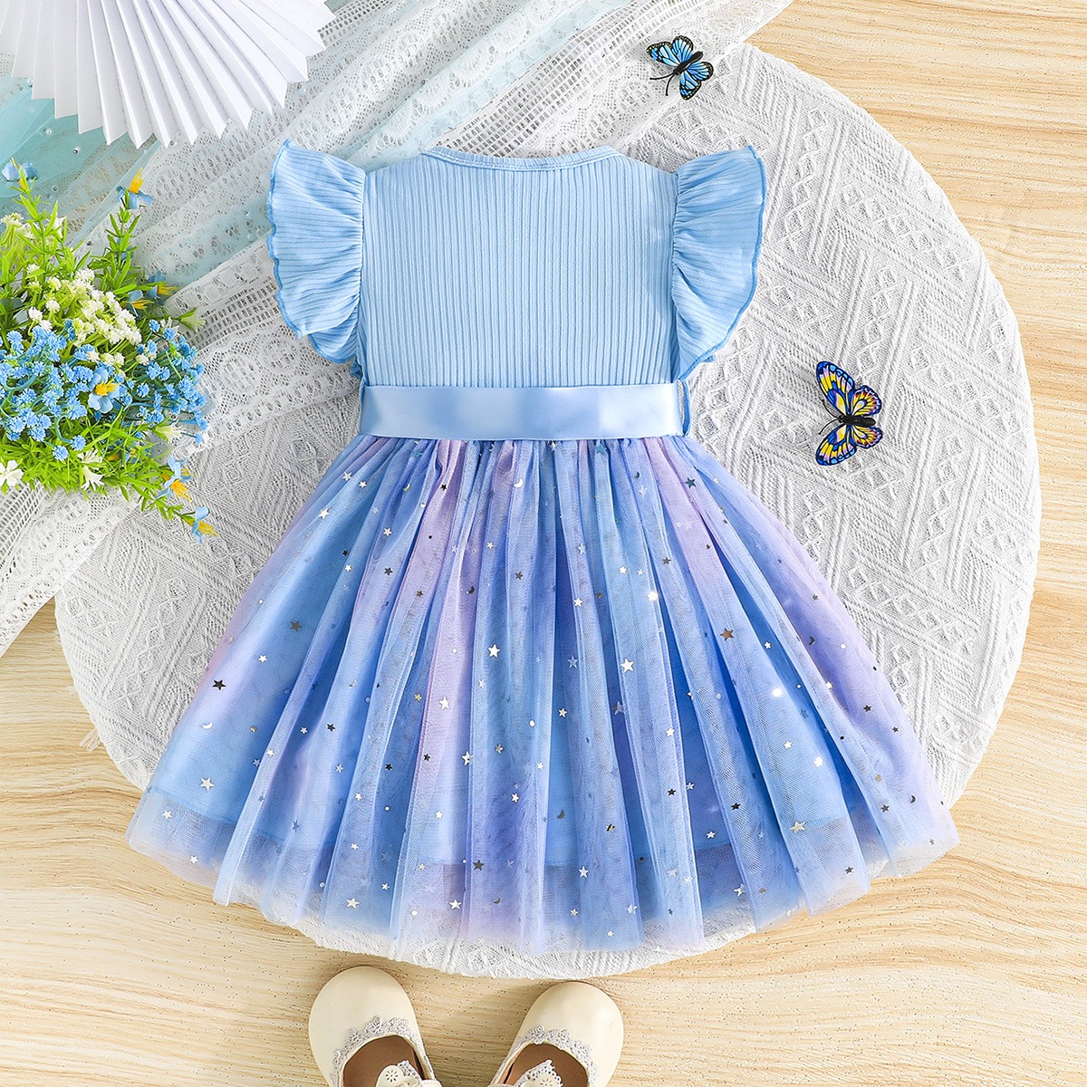 Baby Girl Summer Princess Dress with Star Sequins Tulle Skirt, Round Neck Ruffle Sleeve Elegant Party Dress with Satin Belt, Kids Casual/ Birthday/ Wedding