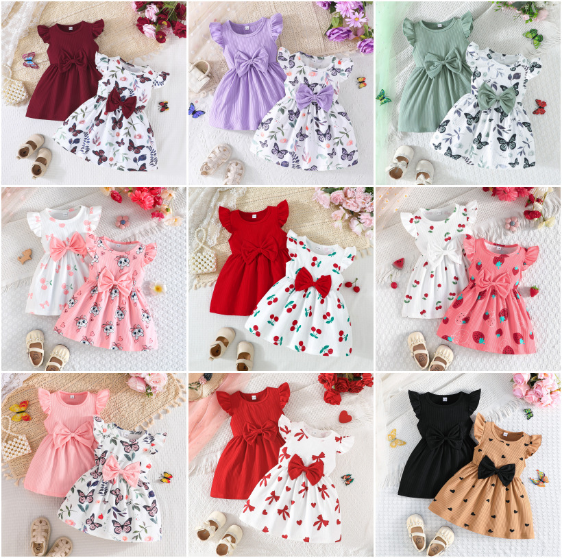 Cute Baby Girls 2-in-1 Dress Pack - Summer Ribbed Bow Dress + Floral/Print Ruffle Sleeve Dresses, Kids Party & Daily Wear